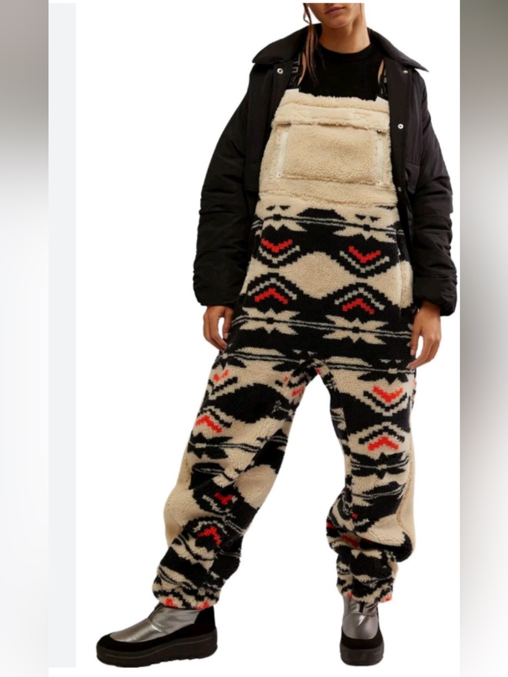 Free People Hit the Slopes Sherpa Overalls - Black & Cream